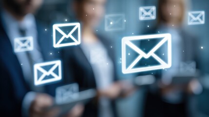 Conceptual email communication with glowing envelope icons and blurred business people in background
