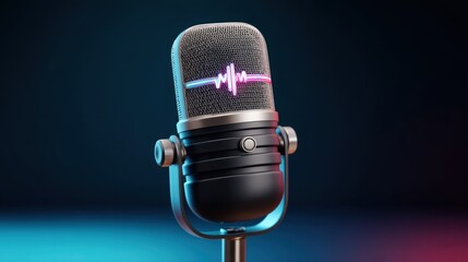 Dynamic microphone with colorful soundwave graphics on a dark background designed for music, podcasting, streaming, and audio production use in studios