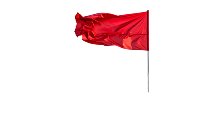 Vivid crimson flag waving in the wind against a stark black background