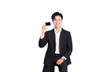 Smiling businessman with card: A cheerful professional, elegantly dressed, presents a sleek, dark card, radiating confidence and approachability.