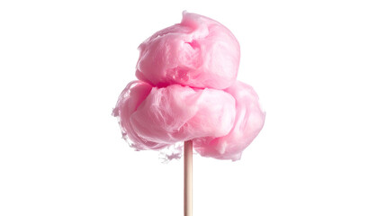 Fluffy pink spun sugar candy treat on a wooden stick against a stark black background