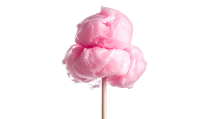 Fluffy pink spun sugar candy treat on a wooden stick against a stark black background