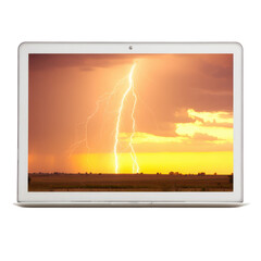 Laptop Displaying a Dramatic Lightning Strike Over a Sunset Field computer screen isolated on a transparent background