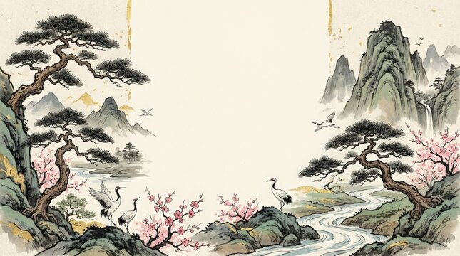 Serene landscape depiction with cranes and cherry blossoms traditional chinese art style tranquil nature scene artistic environment aesthetic viewpoint cultural concept for art lovers