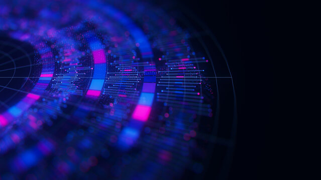 Closeup of Big Data complex round graph background. Quantum computing universe. Cyber space of AI technology. Futuristic graph. Digital qubit information presentation.