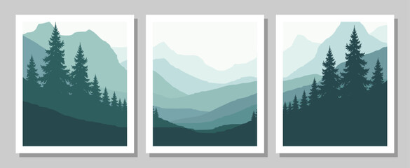 Serene mountain landscape with pine trees in soothing green hues