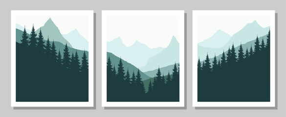 Serene mountain landscapes with evergreen trees in minimalist style