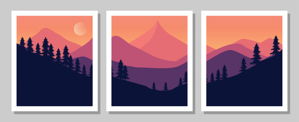 Vibrant mountain landscapes with silhouetted trees at sunset