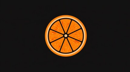 Simplified illustration of a bright orange citrus fruit slice on a black background. Graphic design of food