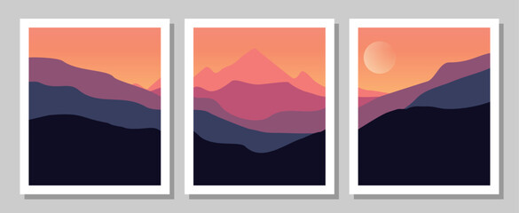 Vibrant mountain landscapes in modern art style with white frames