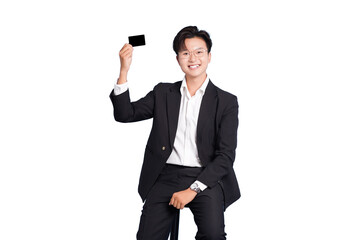 Credit Card Confidence: A dapper individual, radiating confidence, raises a credit card as a symbol of financial ease and smart spending. 