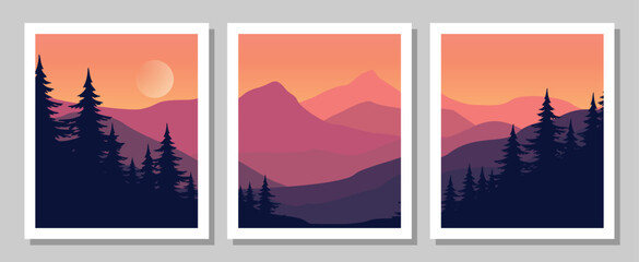 Vibrant mountain landscape at sunset with silhouetted trees