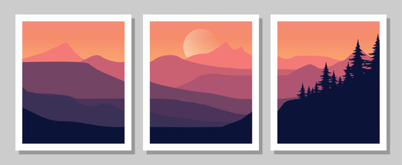 Vibrant mountain landscapes with stunning sunset views and silhouetted trees