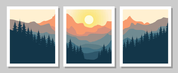 Vibrant mountain landscape with pine trees at sunset