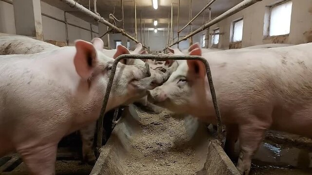 Pigs Eating From Factory Farm Trough
