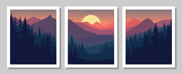 Vibrant mountain landscape at sunset with silhouetted trees