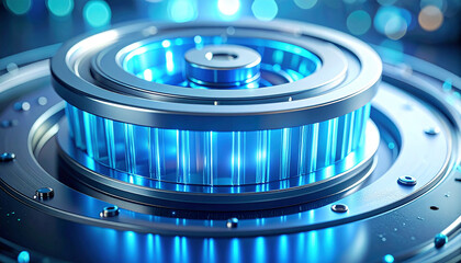 Glowing Energy Core: A close-up view of an intricate, futuristic energy core, emitting a vibrant blue glow, symbolizing advanced technology and power generation.