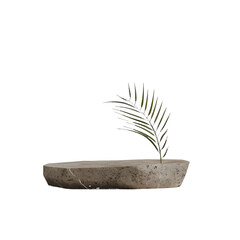 Minimalist concrete podium with a single green palm leaf on a dark background Keywords: concrete isolated on a transparent background