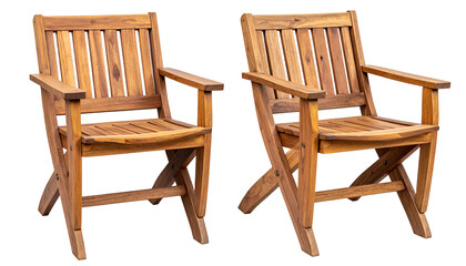 Two wooden outdoor chairs, facing forward, with natural wood grain