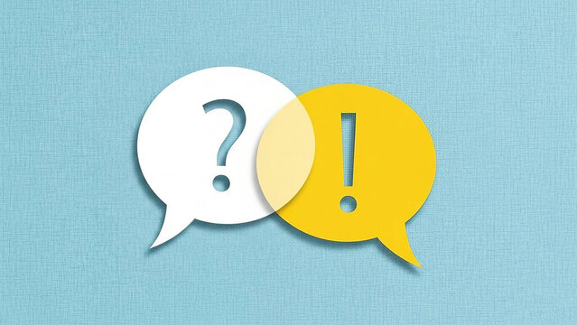 White question mark speech bubble next to yellow exclamation mark speech bubble point - Powered by Adobe