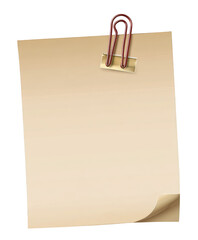 Old Beige Paper Sheet Held by a Red and Gold Paper Clip on White Background vintage isolated on a transparent background
