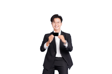 Corporate Card Confidence: A dapper individual, radiating self-assuredness, presents a corporate card with a welcoming smile. This scene is one of professionalism and financial capability.