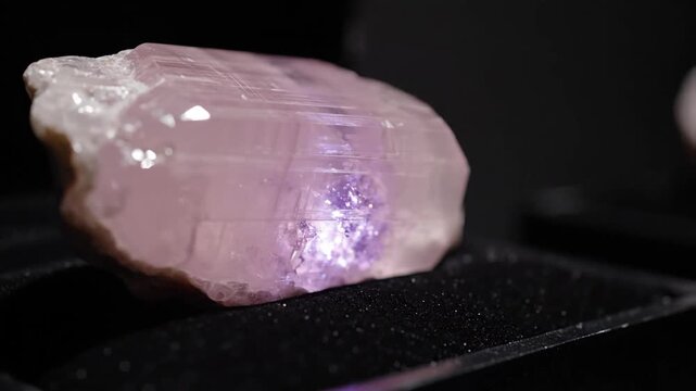 Raw Spodumene Kunzite Crystal Emitting a Soft Pink Glow in Dim Lighting
