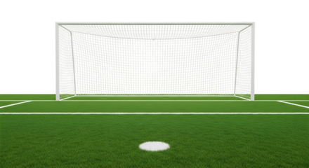 Realistic soccer goal with net and field view isolated on transparent background