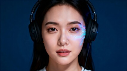 Woman with headphones and digital face circuit