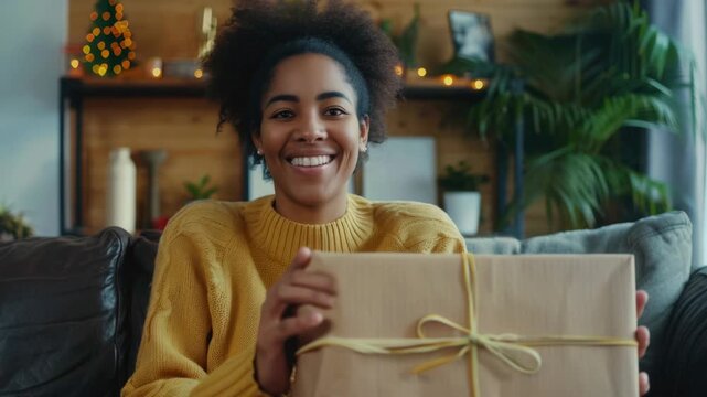 The shows a smiling woman wearing a yellow sweater, seated indoors and holding a brown gift box tied with a gold-yellow ribbon. She appears to be in front of a cozy setting with warm lighting