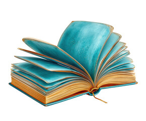 Open Book with Textured Turquoise Pages and Golden Edges blue isolated on a transparent background
