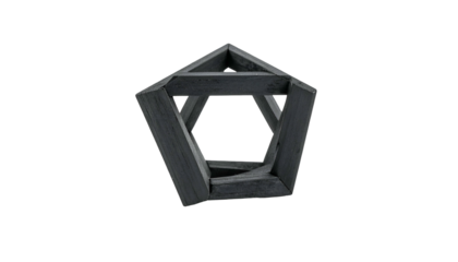Geometric wooden pentagonal structure isolated against a black background, with visible edges