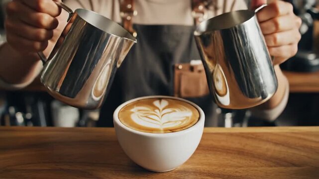 Skilled barista expertly crafts intricate latte art by pouring steamed milk into a fresh espresso in a white cup.