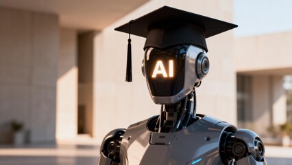 Robot wearing graduation cap with AI display