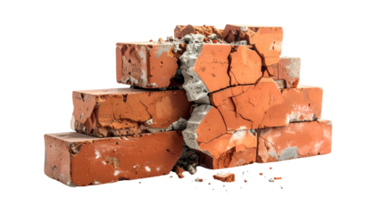 Cracked, broken, and stacked red clay blocks, some disintegrating, against a black background