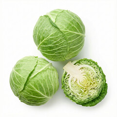 Fototapeta premium three varied green cabbages (a whole head, a half-cut, and a quarter-cut)