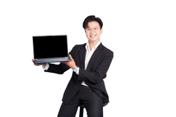 Smart Presentation: A well-dressed professional showcases a sleek laptop, presenting technology with a confident and welcoming demeanor, representing innovation and digital solutions.