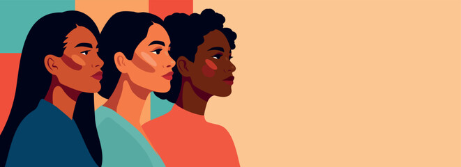 Vector banner, space for text for International Women's Day. Women of different cultures and skin tones stand together. Gender equality, women's empowerment, feminism, freedom, unity. Bright palette