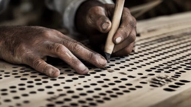 Artist carefully shaping unique hole patterns with traditional hand tools on a sheet to achieve tailored ventilation and aesthetic appeal.
