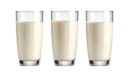 Three transparent glasses, each filled with opaque, creamy white liquid, set against black