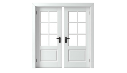A bright white double door with window panes, dark handles, set against a black background