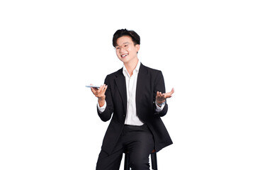 Confident Professional Presentation: A poised young professional in a sharp suit sits, holding a tablet while presenting a concept, with a welcoming.