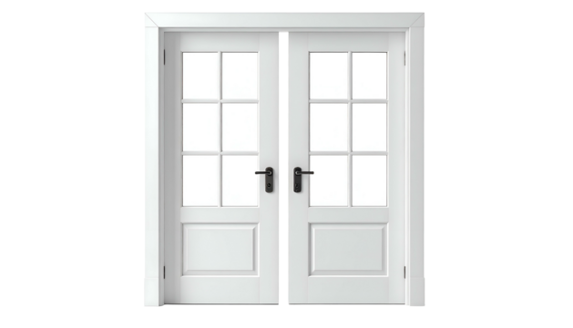A bright white double door with window panes, dark handles, set against a black background - Powered by Adobe