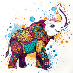 Artistic colorful watercolor elephant illustration with raised trunk and paint splatters
