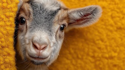 Fototapeta premium Cute Baby Goat Peeking from Corner on Vibrant Yellow Textured Background — Minimalist Animal Portrait with Copy Space