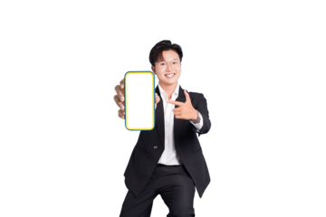 App Presentation: A confident individual, suited in a dark jacket and trousers, points at the screen of a modern handheld device, inviting viewers to explore its potential.