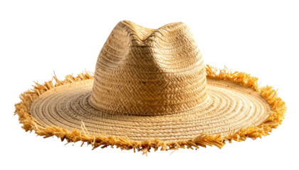 Woven sun hat with wide brim and frayed edge, isolated on a black background