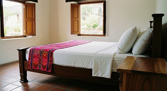 Rustic bedroom interior with wooden bed white linens and colorful textile runner on tile floor