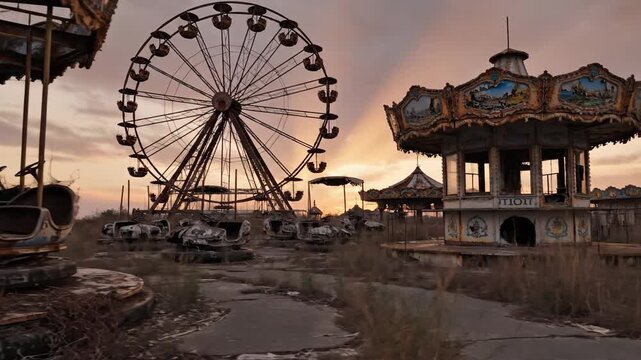 The haunting silhouette of an abandoned amusement park's decaying Ferris wheel and carousel at sunset, evoking a sense of forgotten joy and eerie desolation.