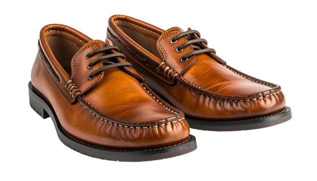 Pair of glossy, tan leather boat shoes with dark laces, on a transparent background - Powered by Adobe